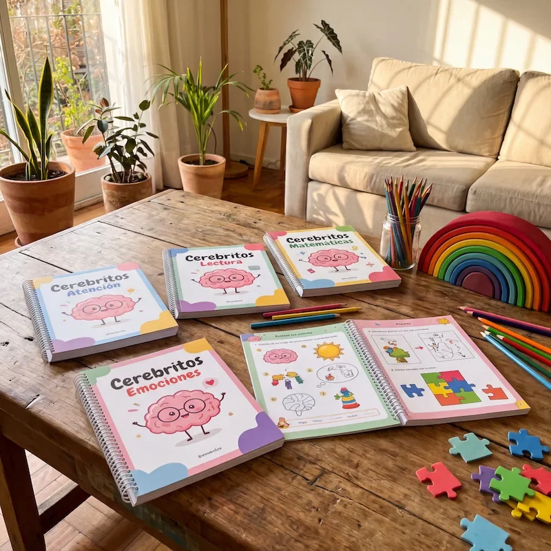 Cuadernillos Cerebritos de lectura, matemáticas, atención y emociones sobre una mesa