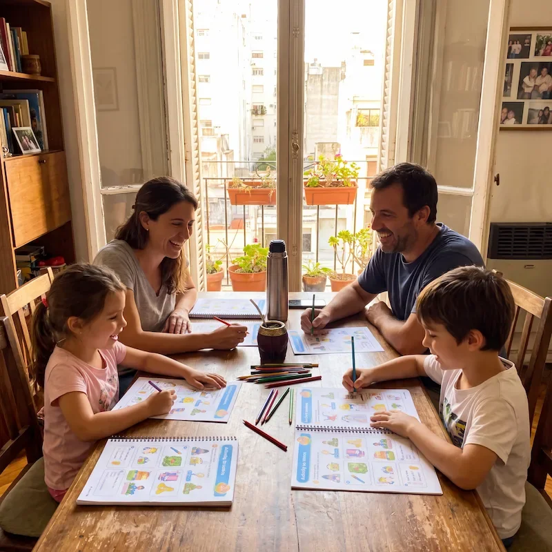 Familia haciendo actividades Cerebritos en la mesa con el mate
